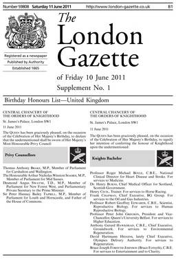 The London Gazette Birthday Honours List Supplement