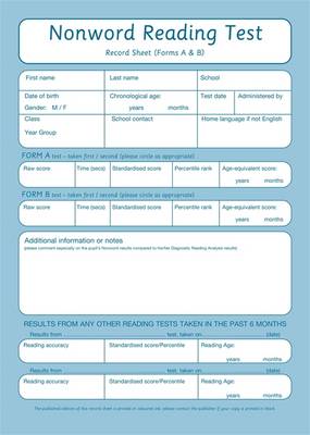 Nonword Reading Test: Record Sheet Pk10 - Nonword Reading Test (Book)