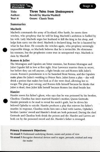 Literacy World Comets Stage 4: Three Tales from Shakespeare Guided Reading Card Framework - LITERACY WORLD COMETS