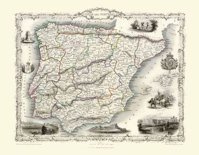 John Tallis Map of Spain and Portugal 1851: Colour Print of Map of Spain and Portugal 1851 by John Tallis (Sheet map, flat)