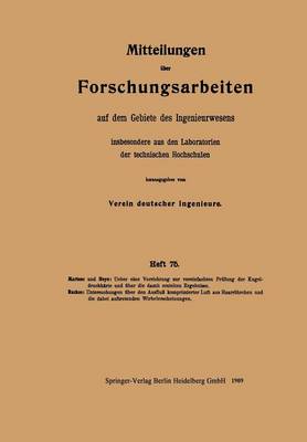 Mitteilungen ber Forschungsarbeiten Auf Dem Gebiete Des Ingenieurwesens: Insbesondere Aus Den Laboratorien Der Technischen Hochschulen - Forschungsarbeiten Auf Dem Gebiete Des Ingenieurwesens 75 (Paperback)