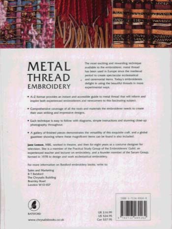 Metal Thread Embroidery: Tools, Materials and Techniques (Paperback)