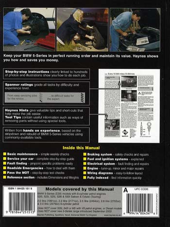 BMW 5-series 6-cyl Petrol: 96 to 03 - Haynes Service and Repair Manuals (Hardback)