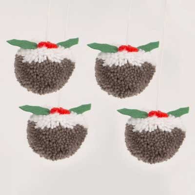 Set Of 4 Christmas Pudding Pom Pom Hanging Decorations